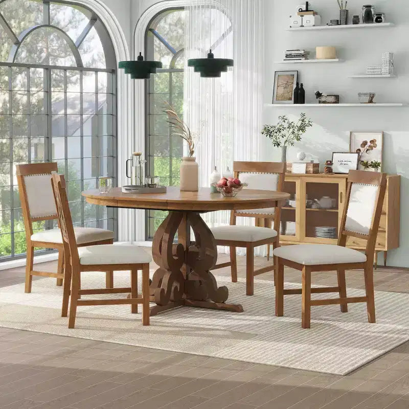 Retro Round Extendable Dining Table with 16-Inch Leaf and 4 Upholstered Chairs