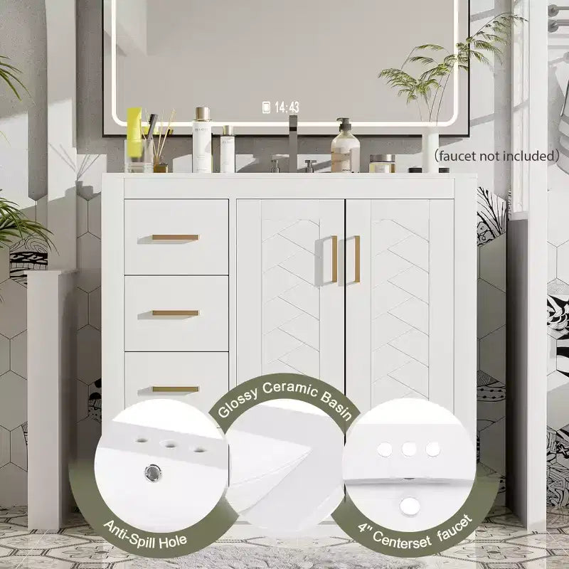 Meuble-lavabo de salle de bain de 36 pouces avec évier en céramique, 3 tiroirs et portes à fermeture douce - Bois massif et MDF