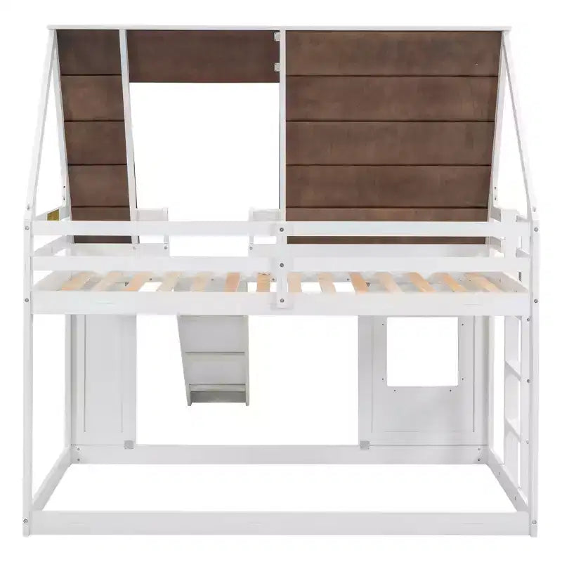 Lit superposé cabane enfant avec toboggan, toit, fenêtre et échelle - Bois de pin, Blanc et marron