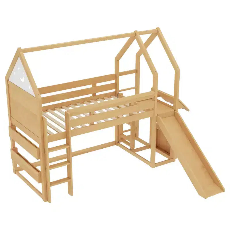 Lit mezzanine pour enfants avec toboggan, étagère et barrières de sécurité sur toute la longueur - Lit simple, bois massif, beige