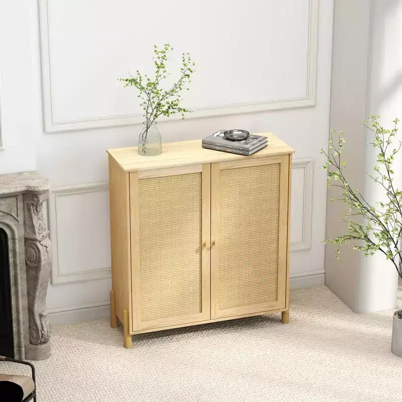 Armoire de rangement en rotin de style Mid-Century avec étagères réglables et pieds en bois massif – 89,9 cm l.