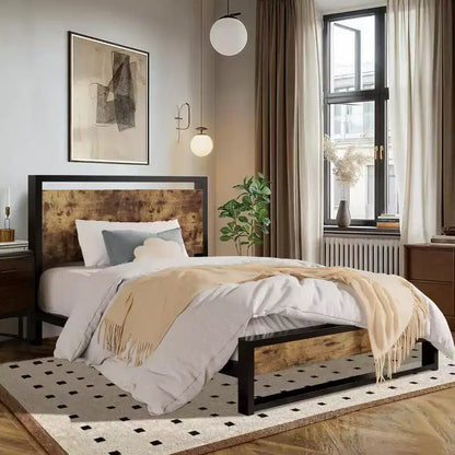 Metal Bed Frame with Rustic Headboard & Footboard - No Box Spring Needed, 8.6" Clearance