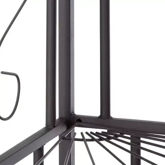 4-Tier Corner Bakers Rack - Black Metal Frame with Walnut Wood Shelves, Kitchen Storage
