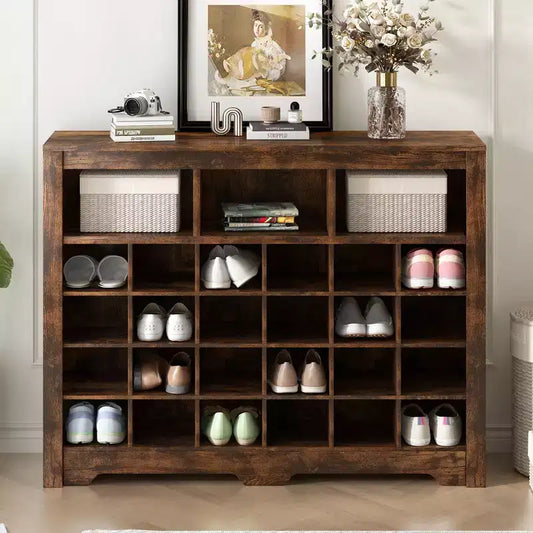 Rustic Shoe Storage Cabinet with 24-Cubby Entryway Console and Curved Base