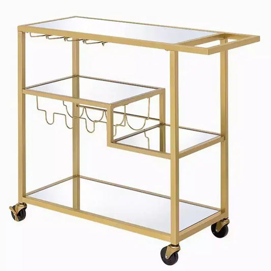 Royal Hampton Metal Framed Serving Cart with Wine Bottle Holder and Stemware, Gold and Clear