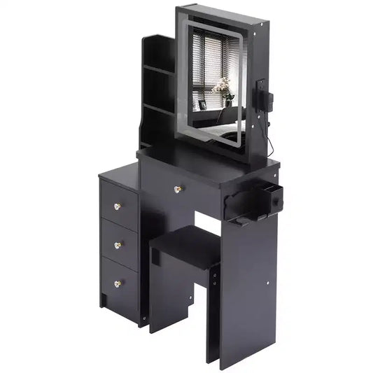 Vanity Desk with LED Mirror, 3 color LED, Power Outlet, Cushioned Stool, Left Bedside Cabinet, and Hair Dryer Bracket for Bedroom