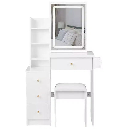 Coiffeuse avec miroir LED, LED 3 couleurs, prise de courant, tabouret rembourré, armoire de chevet gauche et support pour sèche-cheveux pour chambre à coucher.