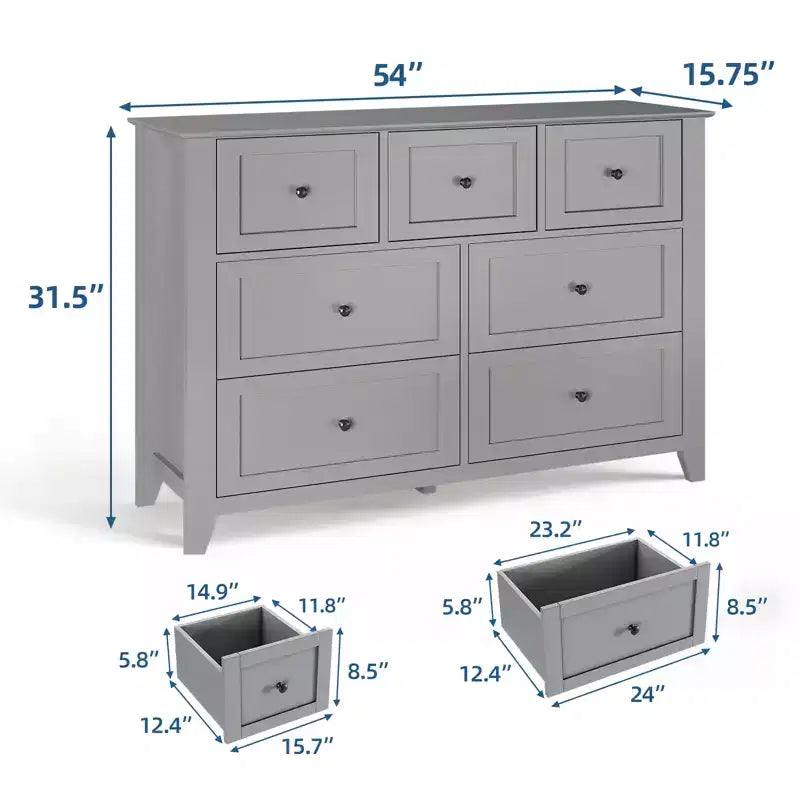 Modern 7 Drawer Dresser for Bedroom, 54 Wide Wooden Dressers with Large Storage,Handleless Chest of Drawers TV Stand for Living Room & Hallway