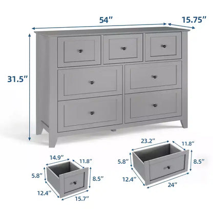 Modern 7 Drawer Dresser for Bedroom, 54 Wide Wooden Dressers with Large Storage,Handleless Chest of Drawers TV Stand for Living Room & Hallway