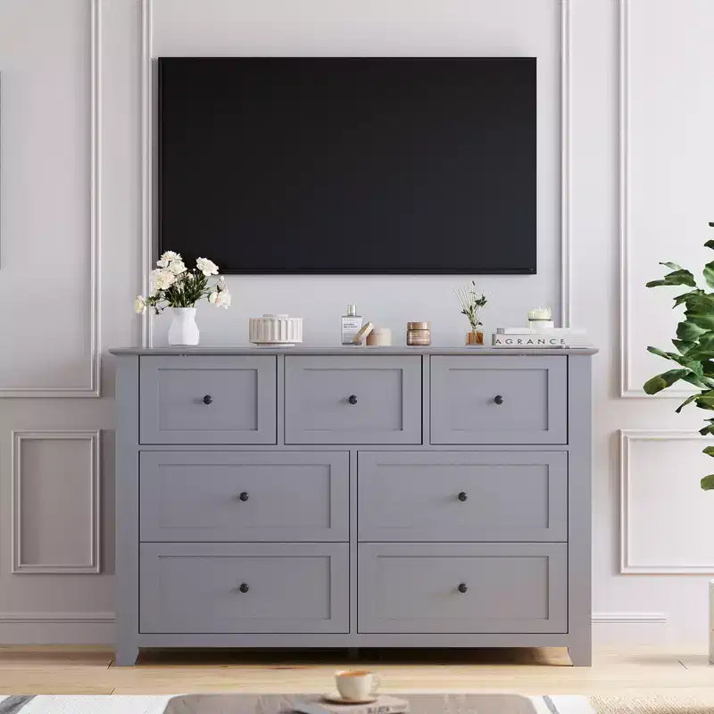 Modern 7 Drawer Dresser for Bedroom, 54 Wide Wooden Dressers with Large Storage,Handleless Chest of Drawers TV Stand for Living Room & Hallway
