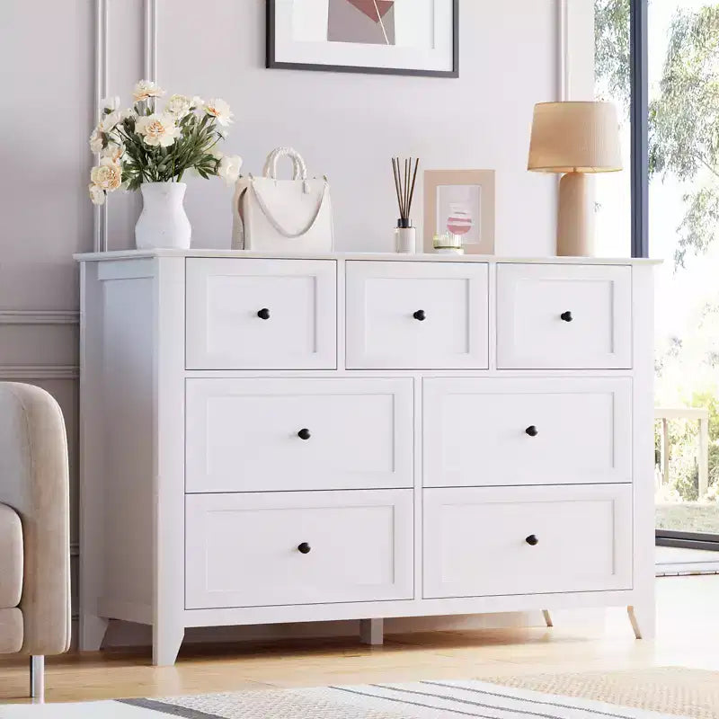 Modern 7 Drawer Dresser for Bedroom, 54 Wide Wooden Dressers with Large Storage,Handleless Chest of Drawers TV Stand for Living Room & Hallway
