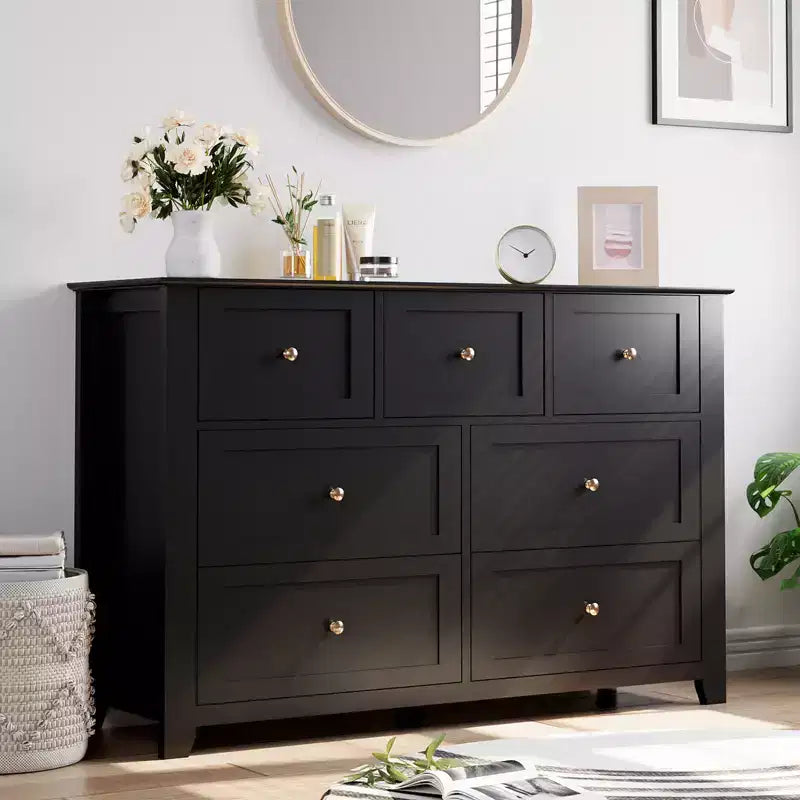 Modern 7 Drawer Dresser for Bedroom, 54 Wide Wooden Dressers with Large Storage,Handleless Chest of Drawers TV Stand for Living Room & Hallway