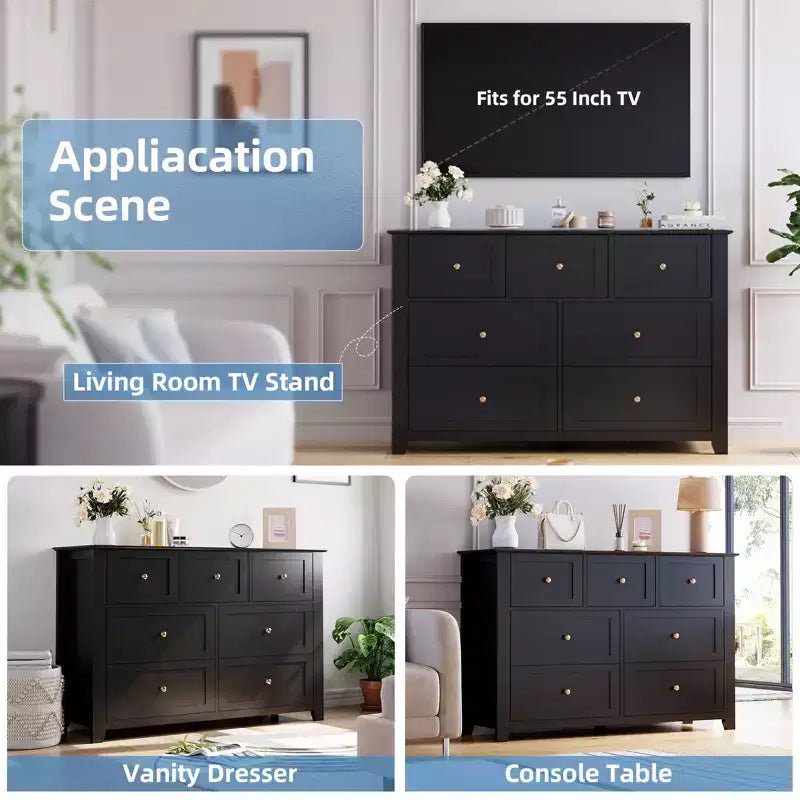 Modern 7 Drawer Dresser for Bedroom, 54 Wide Wooden Dressers with Large Storage,Handleless Chest of Drawers TV Stand for Living Room & Hallway