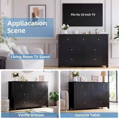 Modern 7 Drawer Dresser for Bedroom, 54 Wide Wooden Dressers with Large Storage,Handleless Chest of Drawers TV Stand for Living Room & Hallway