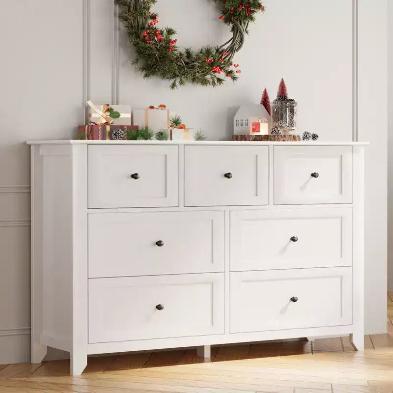 Modern 7 Drawer Dresser for Bedroom, 54 Wide Wooden Dressers with Large Storage,Handleless Chest of Drawers TV Stand for Living Room & Hallway