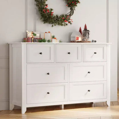 Modern 7 Drawer Dresser for Bedroom, 54 Wide Wooden Dressers with Large Storage,Handleless Chest of Drawers TV Stand for Living Room & Hallway