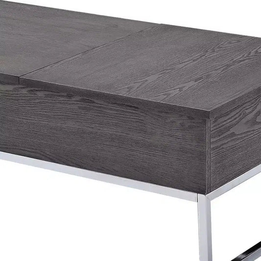 Royal Hampton Wooden Coffee Table with Two Lift Tops and Metal Sled Leg Support, Gray and Silver