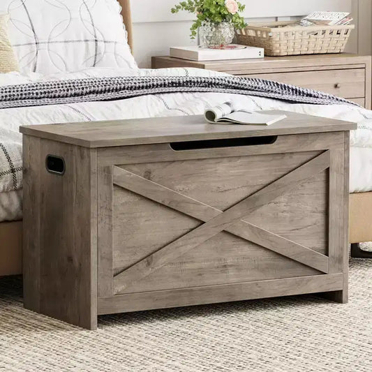 30 Inch Wooden Storage Bench with Safety Hinge, Large Shoe Storage Chest, Easy Assembly