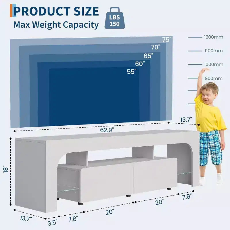 Meuble TV moderne de 160 cm avec lumières LED, 2 tiroirs et étagères en verre trempé – Convient aux téléviseurs jusqu'à 70 pouces