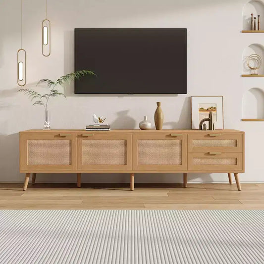 TV Stand for Up to 80 TVs, Rattan Door Media Console Entertainment Center with 2 Drawers, Cable Holes & Solid Wood Legs, Natural - ModernLuxe