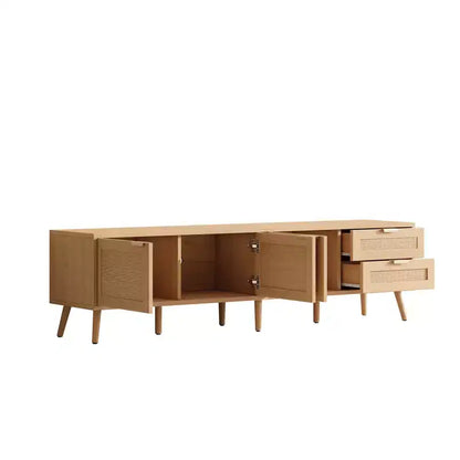 70-Inch Rattan Door TV Stand with 2 Drawers & Solid Wood Legs - Fits up to 80-Inch TVs, Natural