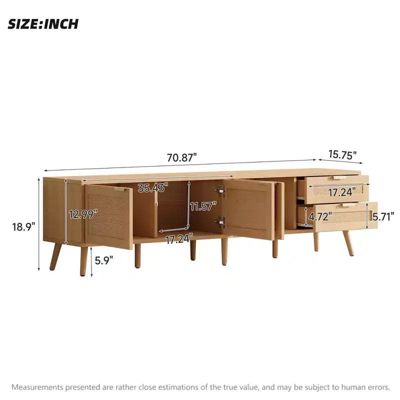 70-Inch Rattan Door TV Stand with 2 Drawers & Solid Wood Legs - Fits up to 80-Inch TVs, Natural