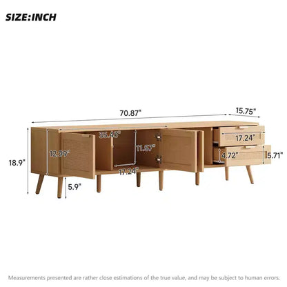 70-Inch Rattan Door TV Stand with 2 Drawers & Solid Wood Legs - Fits up to 80-Inch TVs, Natural