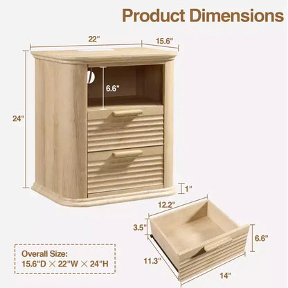 Table de chevet cannelée avec station de recharge intégrée - 2 tiroirs, étagère ouverte, ports USB et Type-C