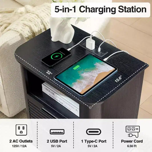 Fluted Nightstand with Built-In Charging Station - 2 Drawers, Open Shelf, USB & Type-C Ports