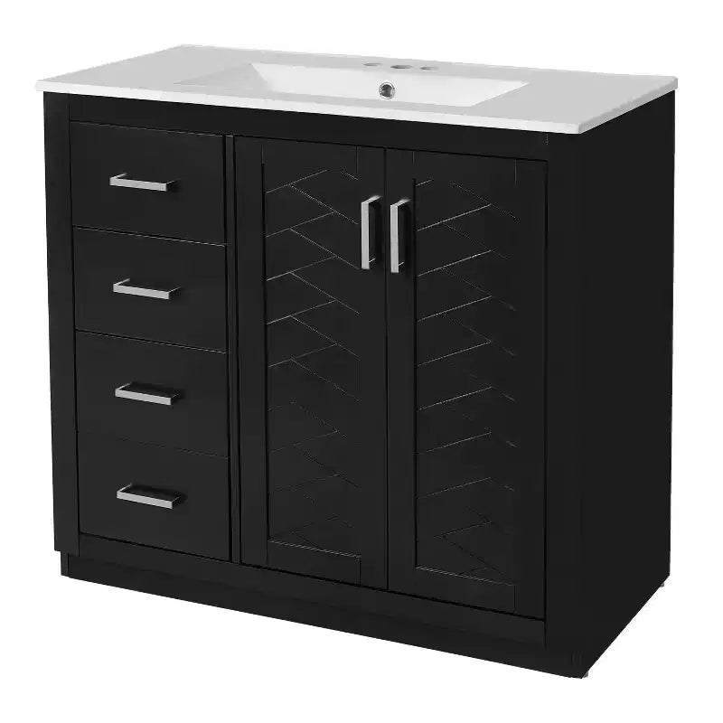 Meuble-lavabo de salle de bain de 36 pouces avec évier en céramique, 3 tiroirs et portes à fermeture douce - Bois massif et MDF