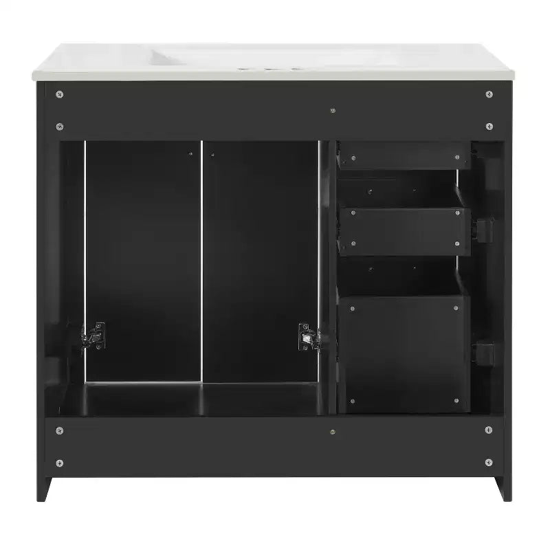 Meuble-lavabo de salle de bain de 36 pouces avec évier en céramique, 3 tiroirs et portes à fermeture douce - Bois massif et MDF