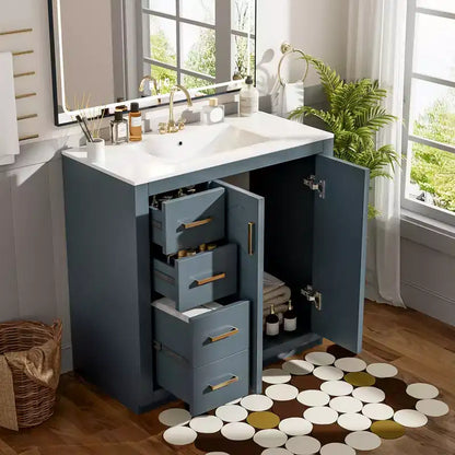 Meuble-lavabo de salle de bain de 36 pouces avec évier en céramique, 3 tiroirs et portes à fermeture douce - Bois massif et MDF