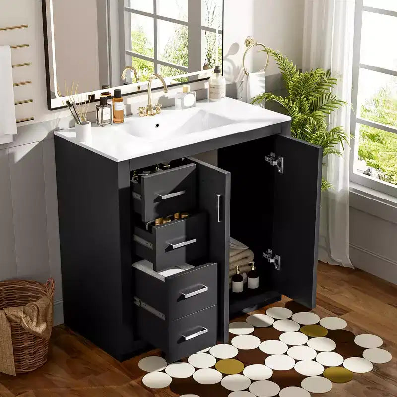 Meuble-lavabo de salle de bain de 36 pouces avec évier en céramique, 3 tiroirs et portes à fermeture douce - Bois massif et MDF