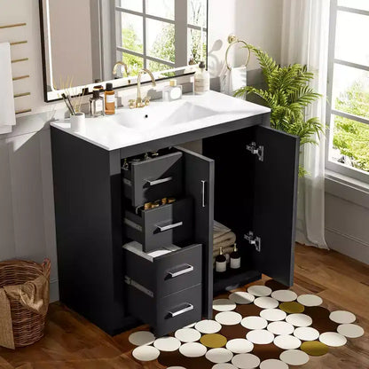 Meuble-lavabo de salle de bain de 36 pouces avec évier en céramique, 3 tiroirs et portes à fermeture douce - Bois massif et MDF