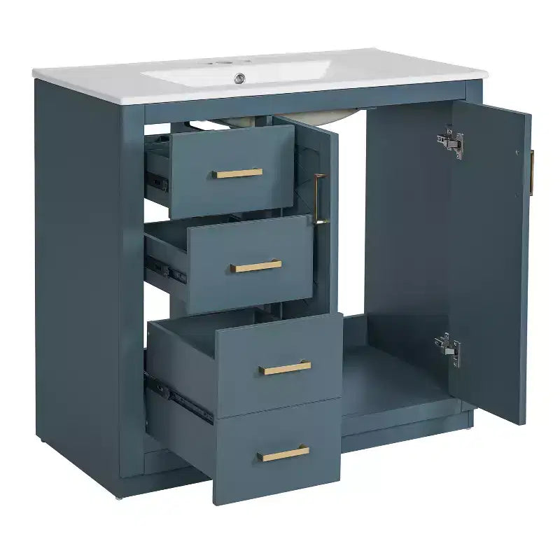 Meuble-lavabo de salle de bain de 36 pouces avec évier en céramique, 3 tiroirs et portes à fermeture douce - Bois massif et MDF