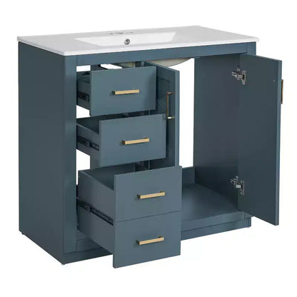 Meuble-lavabo de salle de bain de 36 pouces avec évier en céramique, 3 tiroirs et portes à fermeture douce - Bois massif et MDF