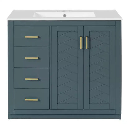 Meuble-lavabo de salle de bain de 36 pouces avec évier en céramique, 3 tiroirs et portes à fermeture douce - Bois massif et MDF