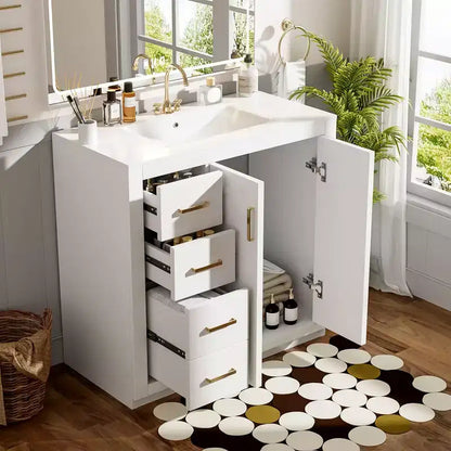 Meuble-lavabo de salle de bain de 36 pouces avec évier en céramique, 3 tiroirs et portes à fermeture douce - Bois massif et MDF