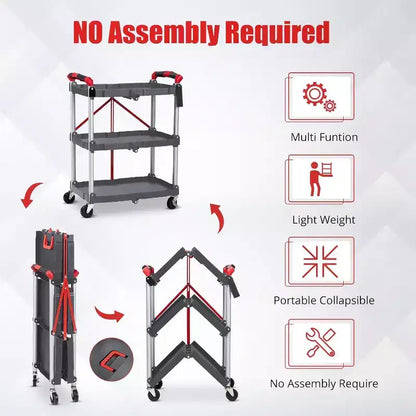 Chariot utilitaire pliable à roulettes à 3 niveaux - Capacité de 75 kg, alliage d'aluminium, roues verrouillables