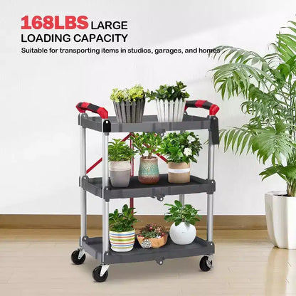 Chariot utilitaire pliable à roulettes à 3 niveaux - Capacité de 75 kg, alliage d'aluminium, roues verrouillables