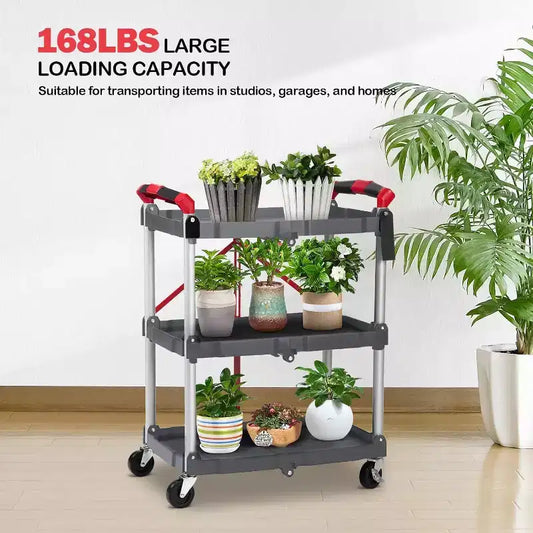 3-Tier Foldable Rolling Utility Cart - 167 lb Capacity, Aluminum Alloy, Lockable Wheels