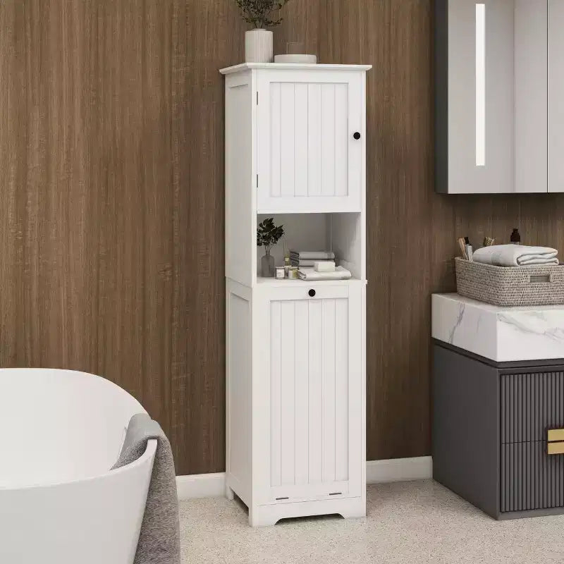 Meuble Linge Sale Inclinable Haut avec Étagère de Rangement et Sac Amovible - Blanc, 140 cm H
