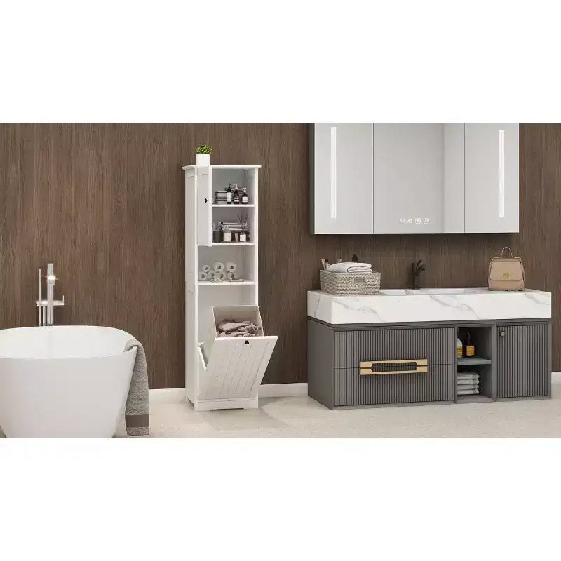 Meuble Linge Sale Inclinable Haut avec Étagère de Rangement et Sac Amovible - Blanc, 140 cm H