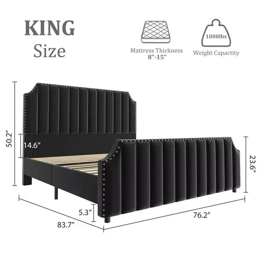 King Size Platform Bed Frame with Velvet Upholstered Headboard & Rivet Decor - No Box Spring