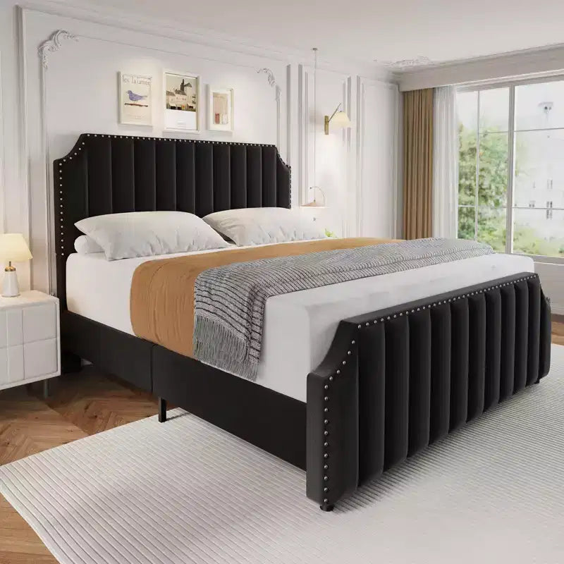 King Size Platform Bed Frame with Velvet Upholstered Headboard & Rivet Decor - No Box Spring