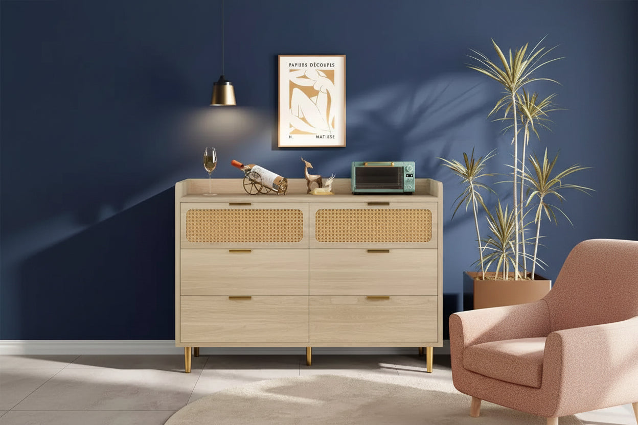 6-Drawer Rattan Double Dresser with Gold Hardware - Light Oak, Engineered Wood