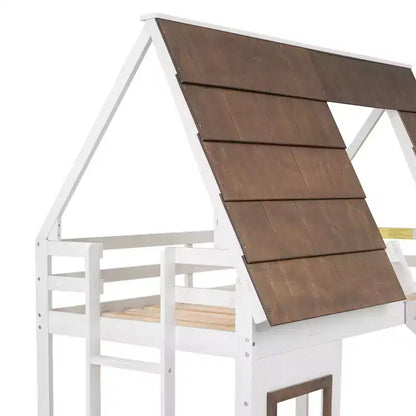 Lit superposé cabane enfant avec toboggan, toit, fenêtre et échelle - Bois de pin, Blanc et marron