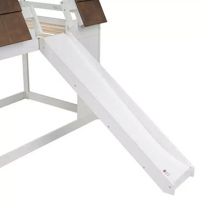 Lit superposé cabane enfant avec toboggan, toit, fenêtre et échelle - Bois de pin, Blanc et marron