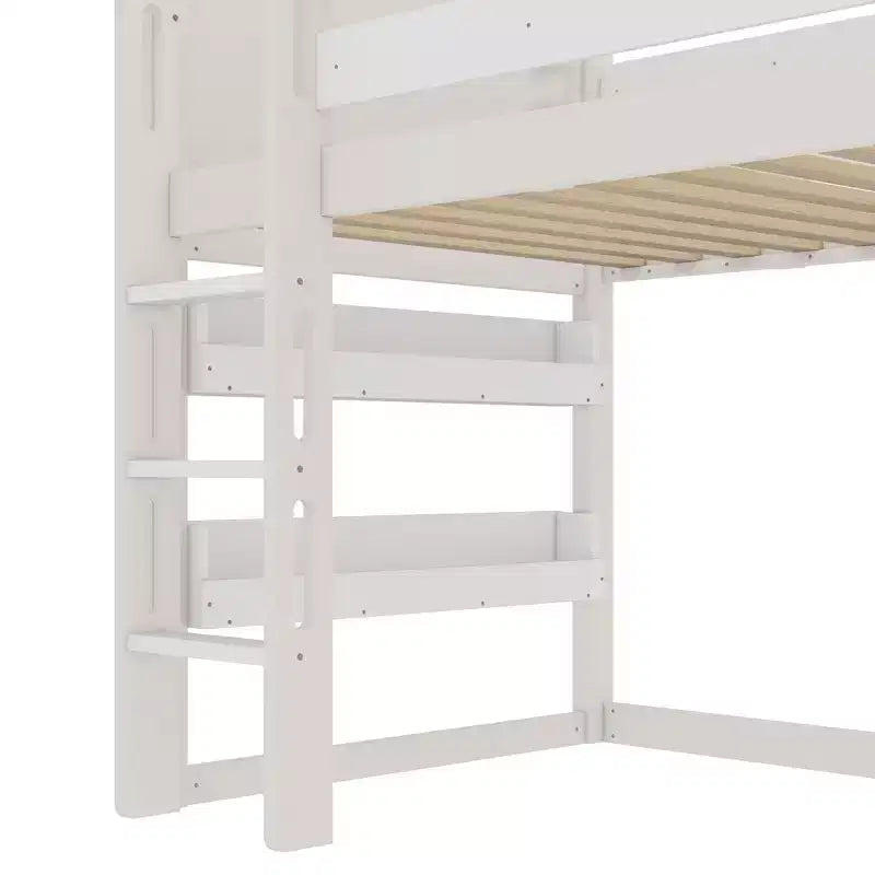 Lit mezzanine pour enfants avec toboggan, étagère et barrières de sécurité sur toute la longueur - Lit simple, bois massif, beige