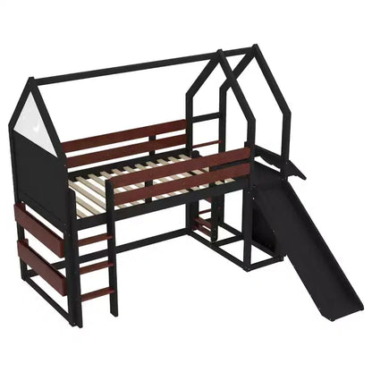 Lit mezzanine pour enfants avec toboggan, étagère et barrières de sécurité sur toute la longueur - Lit simple, bois massif, beige